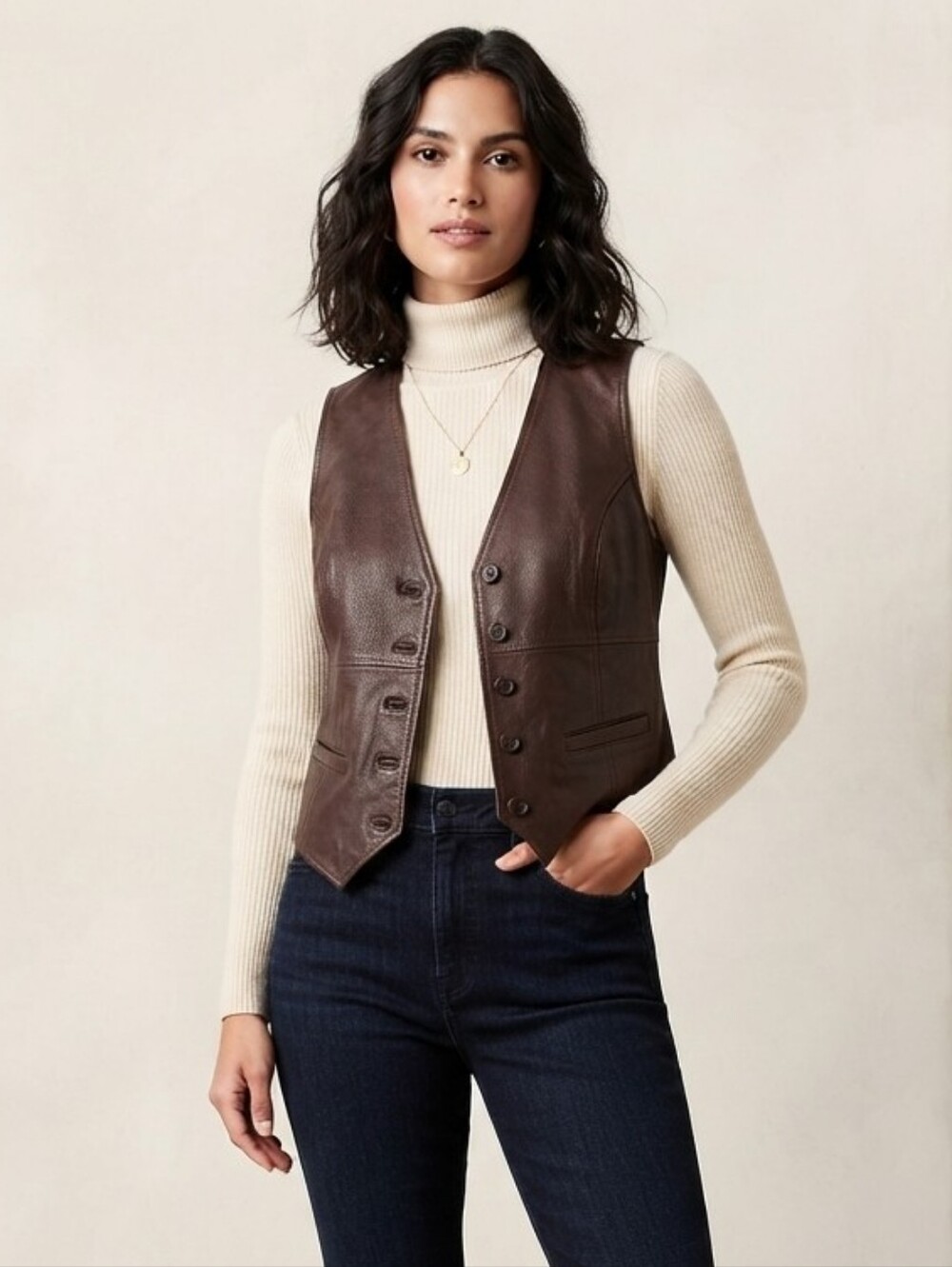 CAbi Classic Brown Leather Vets - Women's Tailored Button Front Size Medium